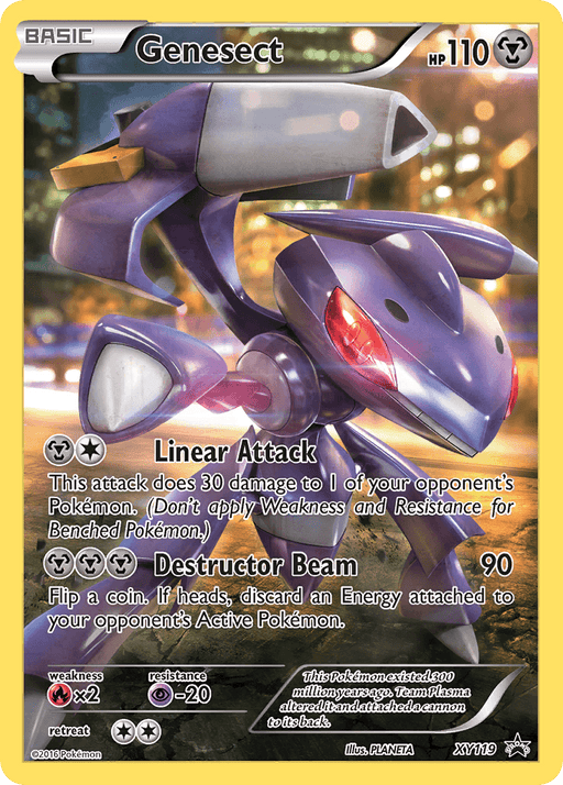 A Pokémon trading card featuring Genesect, a mechanical bug-like Pokémon. The card shows Genesect in a purple and silver metallic body with a metal cannon on its back. It has an HP of 110 and knows Linear Attack and Destructor Beam moves. Weakness to Fire, resistance to Psychic, and 2 energy required to retreat. This is part of the **Genesect (XY119) [XY: Black Star Promos]** series by **Pokémon**.