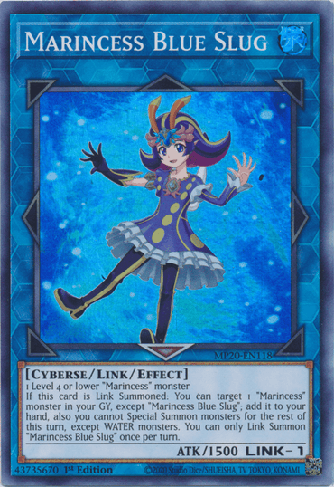 A "Marincess Blue Slug [MP20-EN118] Super Rare" trading card from the Yu-Gi-Oh! series. This Super Rare card showcases a stunning blue background with a character in a blue outfit and pink-blue headdress. The text explains the Link/Effect Monster's special effects, including summoning and attribute restrictions.