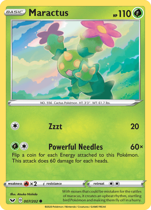 A Maractus (007/202) [Sword & Shield: Base Set] Pokémon card. The card shows Maractus, a green cactus-like Pokémon with pink flowers on its head, in a green field under a colorful sky. This common Grass-type card has 110 HP and two abilities: "Zzzt" dealing 20 damage, and "Powerful Needles" with variable damage. Card number 007/202.