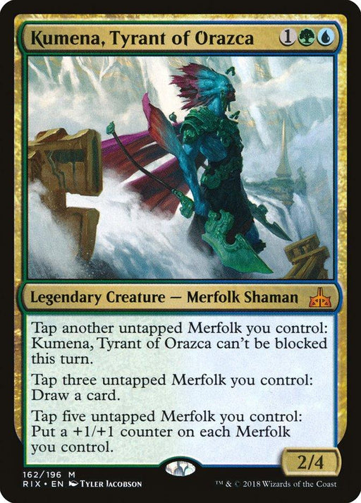 A Magic: The Gathering card titled "Kumena, Tyrant of Orazca [Rivals of Ixalan]" from the Rivals of Ixalan set. It has a gold border with "Legendary Creature — Merfolk Shaman." Art depicts Kumena with fins on his head and a trident. Stats: Cost includes one green, one blue, and one colorless mana. Power/Toughness: