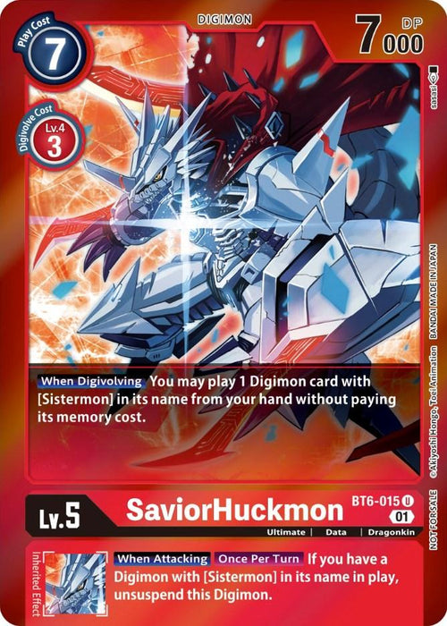 A Digimon card depicting SaviorHuckmon [BT6-015] (Event Pack 3) [Double Diamond Promos], a dragon knight-like creature wielding a large, mechanical sword. The card has a red-orange gradient background, a play cost of 7, and stats of 7000 DP. Featured in the Double Diamond Promos series, its level (5) and abilities are displayed prominently.