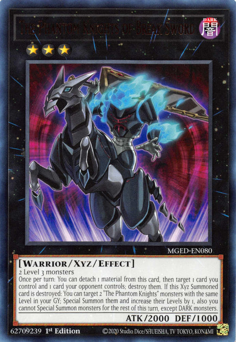 A Yu-Gi-Oh! trading card titled "The Phantom Knights of Break Sword [MGED-EN080] Rare" from the Maximum Gold: El Dorado series. This Xyz/Effect Monster depicts a dark, armored warrior on a mechanical horse, both glowing with blue energy. With stats of ATK 2000 and DEF 1000, it boasts a rank of 3 stars and detailed effect text.