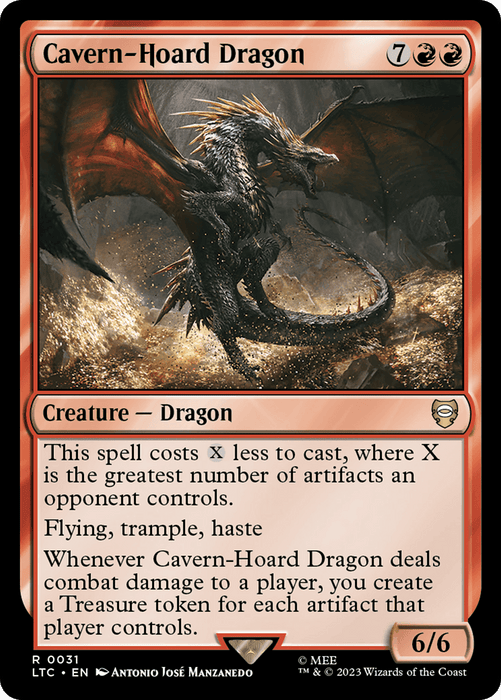 A Magic: The Gathering card titled "Cavern-Hoard Dragon [The Lord of the Rings: Tales of Middle-Earth Commander]" from Magic: The Gathering. Its mana cost is 7 red and X, with 6 power and 6 toughness. Featuring a black-and-red dragon in mid-flight, its abilities include flying, trample, haste, and generating treasure tokens.