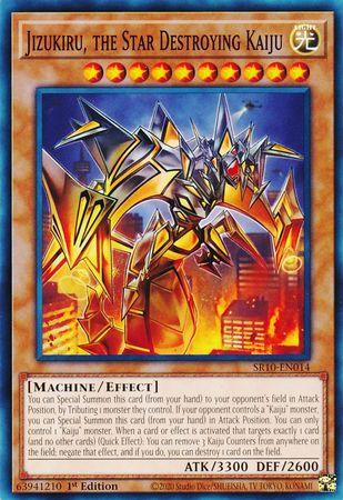 Image of a Yu-Gi-Oh! trading card titled "Jizukiru, the Star Destroying Kaiju [SR10-EN014] Common." The card's background is blue with orange accents, featuring a robotic dragon with sharp edges and glowing elements. This Kaiju monster is a Machine/Effect Monster with 3300 ATK and 2600 DEF. The card border and text details are gold.
