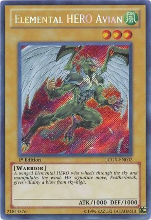 The "Elemental HERO Avian" (Alternate Art) [LCGX-EN002] is a Secret Rare Yu-Gi-Oh! card from the Legendary Collection 2. It features a winged warrior with green skin, soaring through a stormy sky, all framed by a gold border. This WIND attribute and Warrior type Normal Monster has an ATK of 1000 and DEF of 1000 and belongs to the 1st Edition.