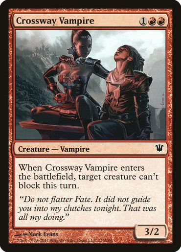 The image showcases a Magic: The Gathering card from the Innistrad series, named "Crossway Vampire." It features an elegantly seated vampire alongside a confidently standing one, capturing a gothic aesthetic. This red-bordered creature card includes gameplay effect text along with flavor text.