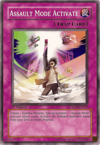 A Yu-Gi-Oh! product titled "Assault Mode Activate [CRMS-EN063] Common." This Trap Card, bordered in magenta, showcases an anime-style character in a dynamic pose, casting a spell with vibrant energy waves and light effects. The text below details how to Tribute 1 Synchro Monster to Special Summon an /Assault Mode monster and its identification number CRMS-EN063.