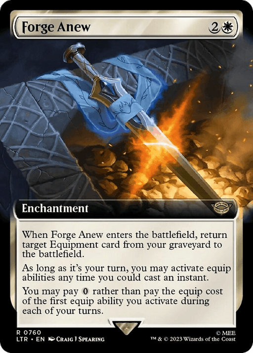 A Magic: The Gathering card titled "Forge Anew (Extended Art) (Surge Foil) [The Lord of the Rings: Tales of Middle-Earth]" shows a luminous sword being forged on an anvil, surrounded by swirling magical energy reminiscent of The Lord of the Rings. The card is labeled as an Enchantment with a cost of 2 generic mana and 1 white mana. The text details its ability to return equipment cards from the graveyard to the battlefield.