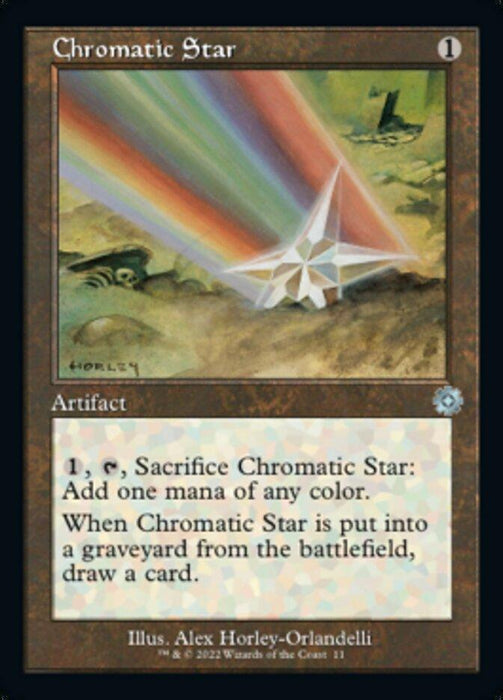 The image is of a Magic: The Gathering card named Chromatic Star (Retro) [The Brothers' War Retro Artifacts], an artifact from The Brothers' War Retro Artifacts series. It costs 1 mana and lets you tap and sacrifice it to add one mana of any color. When it goes to the graveyard, you draw a card. The art by Alex Horley-Orlandelli depicts a prismatic star emitting rainbow light.