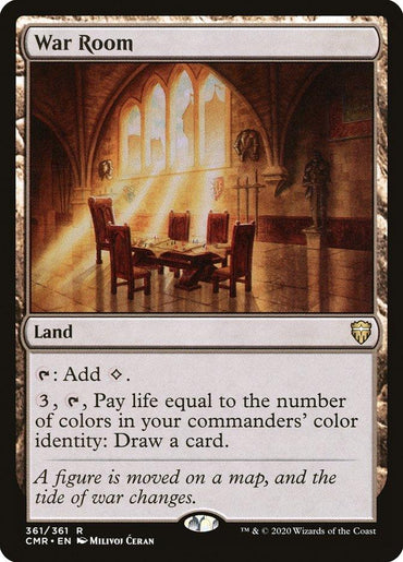 A Magic: The Gathering card titled "War Room [Commander Legends]." This rare Land type, featured in the Commander Legends set, showcases artwork by Milivoj Ćeran depicting a grand room with a large rectangular table and chairs. Light filters through tall arched windows. The card's text details its abilities and mana costs.