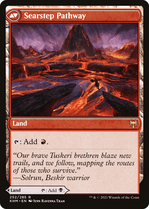 The image is a "Blightstep Pathway // Searstep Pathway [Secret Lair: From Cute to Brute]" Magic: The Gathering card, part of the Rare Land series. It features a lava-filled landscape leading to a glowing volcano. The text box states the land can be tapped to add red mana. The flavor text reads about the bravery of Tuskeri blazing new trails for survivors. Card designed by Jenn Ravenna Tran.