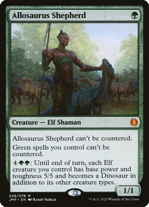 A Magic: The Gathering card named "Allosaurus Shepherd [Jumpstart]" features an Elf Shaman in a forest with dinosaurs. Text reads: "Allosaurus Shepherd can't be countered. Green spells you control can't be countered. 4 green mana: Until end of turn, each Elf creature you control becomes a 5/5 green Dinosaur.