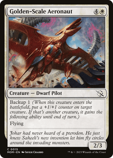 A Magic: The Gathering creature card titled "Golden-Scale Aeronaut [March of the Machine]" featuring a Dwarf Pilot riding a dragon-like creature. The card details include "Backup 1," "Flying," and describes: "Johar never heard of a pterodon, just knew Saheeli's March of the Machine invention let him fly circles around the others." Power/toughness: 2/3