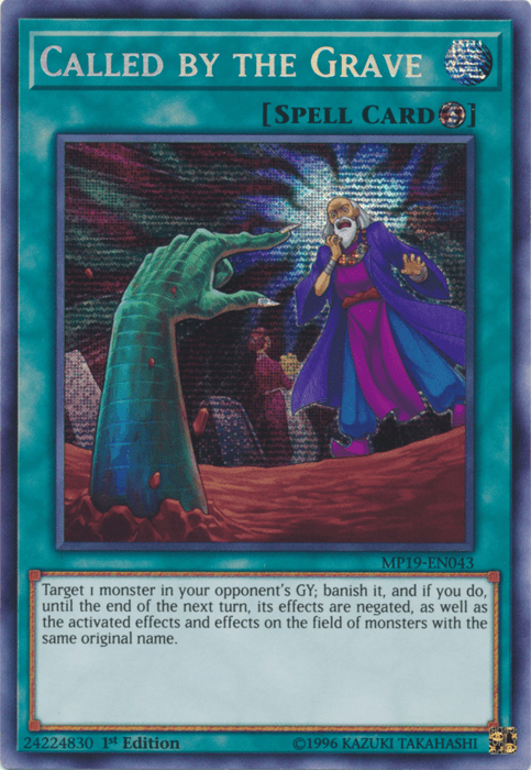 A Yu-Gi-Oh! Quick Play Spell card titled "Called by the Grave [MP19-EN043] Prismatic Secret Rare." The 2019 Gold Sarcophagus Tin features this Prismatic Secret Rare, showcasing artwork of a green, clawed hand emerging from the ground to reach a bearded older man in a purple robe. The card text describes banishing a monster from the opponent's graveyard and negating its effects.