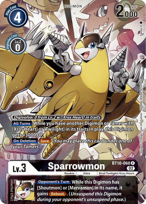 The image showcases a "Sparrowmon [BT10-060] (Alternate Art) [Xros Encounter]" Digimon card. Sparrowmon, a Rookie bird-like creature featuring striking yellow, white, and gray hues, is depicted with large wings and a sharp beak. Key details include its Level 3 status, 2000 DP, a Play Cost of 4, and it Digivolves from Level 2 with Xros Heart traits.