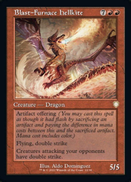 Magic: The Gathering card "Blast-Furnace Hellkite (Retro) [The Brothers' War Commander]" is a powerful Creature Dragon from The Brothers' War Commander set. It features a red dragon spewing fire, soaring above a fiery, molten landscape. The card text details its abilities including "Flying, Double Strike, and Artifact Offering." Illustrated by Aldo Dominguez. Power/Toughness: 5/5.