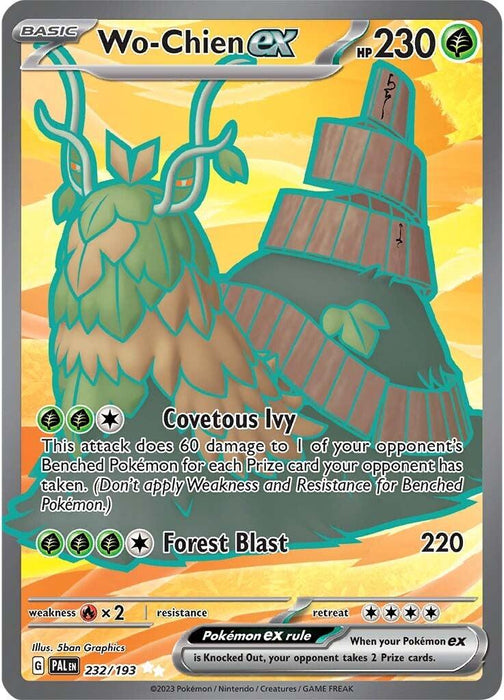 The image features an Ultra Rare Pokémon trading card for Wo-Chien ex (232/193) [Scarlet & Violet: Paldea Evolved] from the Pokémon series. The card shows Wo-Chien, a grass/dark-type creature resembling a snail covered in foliage, with 230 HP and attacks "Covetous Ivy" and "Forest Blast." Various stats and game-related text are present.