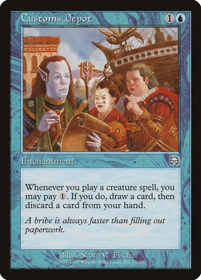 The Magic: The Gathering card "Customs Depot [Mercadian Masques]" immerses players in a vivid fantasy world with an elf, a masked woman, and a man gesturing at coins on the blue enchantment card. A dragon-figurehead ship looms, inviting you to draw a card when casting creature spells.