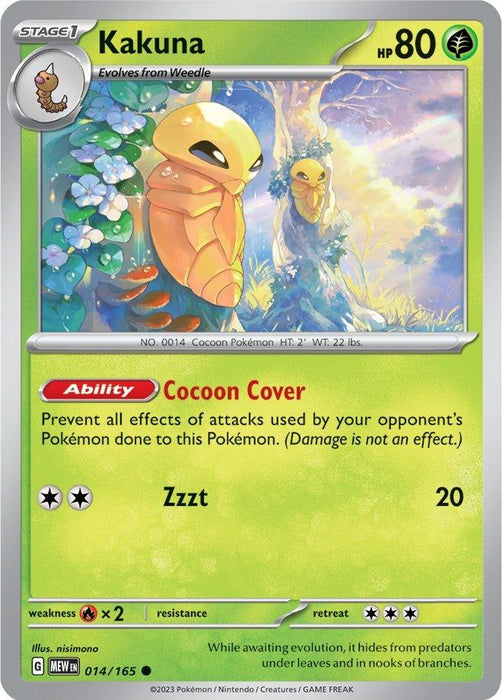 A common Pokémon trading card featuring Kakuna, a yellow cocoon-like creature nestled among green foliage and colorful flowers. The card has 80 HP and the ability "Cocoon Cover." It includes one attack, "Zzzt," which deals 20 damage. The card number is Kakuna (014/165) [Scarlet & Violet: 151] from the 2023 Pokémon series.