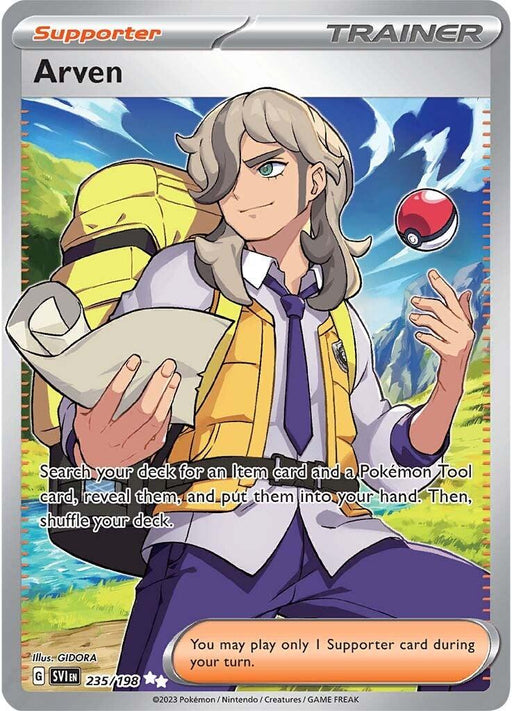A Pokémon Trainer card titled "Arven (235/198) [Scarlet & Violet: Base Set]" from the Pokémon series features a character with long gray hair wearing a yellow vest over a white shirt. The character holds a Poké Ball in their right hand and a rolled-up paper in the left. The card instructs players to search for an item and a Pokémon Tool card, reveal them, and add them to their hand, then shuffle their deck.