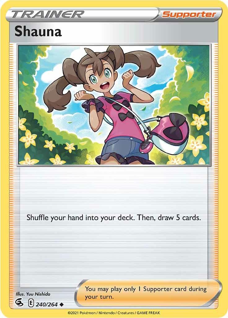 Pokémon Trainer card featuring Shauna, a young girl with brown hair in ponytails, wearing a pink shirt, blue shorts, and a white bag. She stands in a cheerful pose with flowers in the background. Text: 