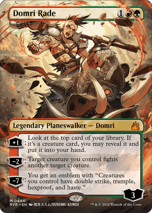 Domri Rade (Anime Borderless) [Ravnica Remastered] Magic: The Gathering card depicting Domri Rade, a mythic legendary planeswalker. Domri, a barbarian-like figure with a mohawk and tattoos, wields a club while riding a fierce, armored boar. The card's abilities include drawing cards, granting creatures the ability to fight, and creating an emblem for double strike, trample, hexproof.