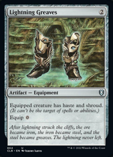 The image showcases a Magic: The Gathering card named Lightning Greaves [Commander Legends: Battle for Baldur's Gate]. As an artifact equipment costing 2 mana, it grants the equipped creature haste and shroud. The card's flavor text highlights its creation lore with dramatic imagery.