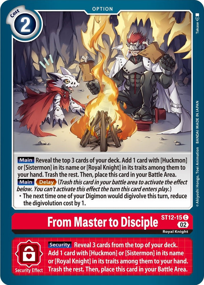 A card from the "From Master to Disciple [ST12-15] [Starter Deck: Jesmon]" by Digimon features intricate artwork of two armored figures: a towering Royal Knight in red and white armor wielding a sword, and a smaller, cloaked Huckmon with claws. It also includes text descriptions and dynamic abilities.