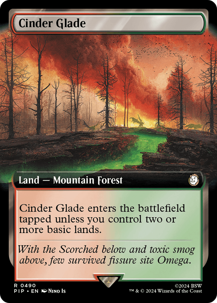 Cinder Glade (Extended Art) [Fallout] Magic: The Gathering card. A foreboding Mountain Forest with fiery skies and smoldering land. Burnt trees and glowing fissures dominate the scene, reminiscent of a post-apocalyptic fallout. Text reads: “Cinder Glade enters the battlefield tapped unless you control two or more basic lands.” Below: flavor text and card details.