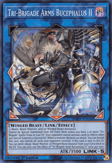 An intricately designed "Yu-Gi-Oh!" trading card titled "Tri-Brigade Arms Bucephalus II [PHHY-EN048] Super Rare" from the Photon Hypernova series. The card displays a detailed illustration of a Winged Beast warrior cloaked in dark armor, wielding a staff and surrounded by blue energy. Various card details and statistics are visible at the bottom.