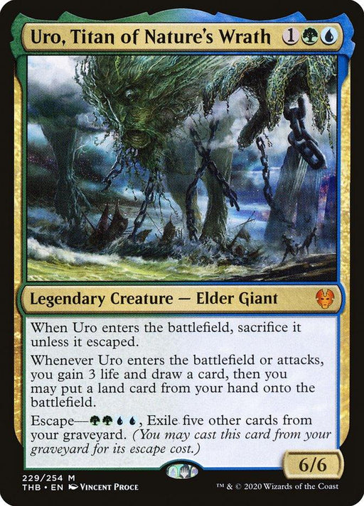 The image is a Magic: The Gathering card named "Uro, Titan of Nature's Wrath [Theros Beyond Death]." This Elder Giant, from Theros Beyond Death, features artwork of a giant, moss-covered creature emerging from water with trees growing from its limbs. The card has a blue, green, and black border and details its abilities and summoning cost.