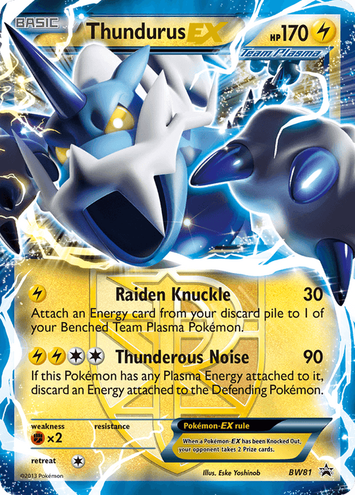 A Pokémon trading card featuring Thundurus EX (BW81) [Black & White: Black Star Promos] with 170 HP. It boasts the moves Raiden Knuckle and Thunderous Noise. Decorated with electric designs in a blue and yellow color scheme, this Black Star Promo from Pokémon also includes a "Team Plasma" logo. The illustrator is Eske Yoshinob.
