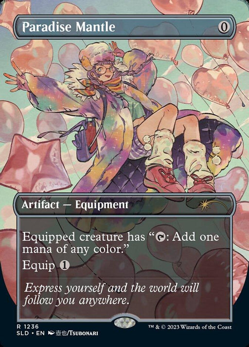 A Magic: The Gathering card titled "Paradise Mantle (Borderless) [Secret Lair Drop Series]." This Rare artifact equipment from the Secret Lair Drop Series, features a whimsical character floating amid pink balloons, donning a colorful outfit and glasses. With a mana cost of 0, it allows equipped creatures to add one mana of any color. Equip cost is 1. Flavor text reads: "Express yourself and the world will follow.