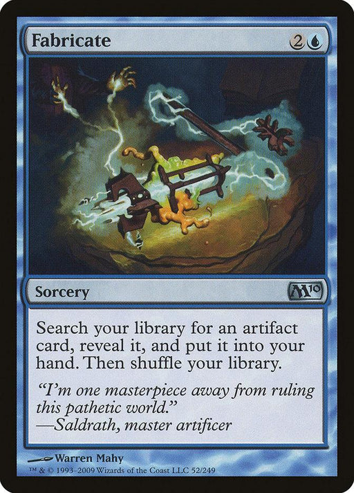 A Magic: The Gathering card titled "Fabricate [Magic 2010]." This blue sorcery card, from the Magic 2010 set, costs 2 colorless and 1 blue mana to cast. The art depicts a mystical forge with floating tools assembling a magical artifact amidst electric sparks. Its text reads: "Search your library for an artifact card, reveal it, and put it into your hand. Then shuffle