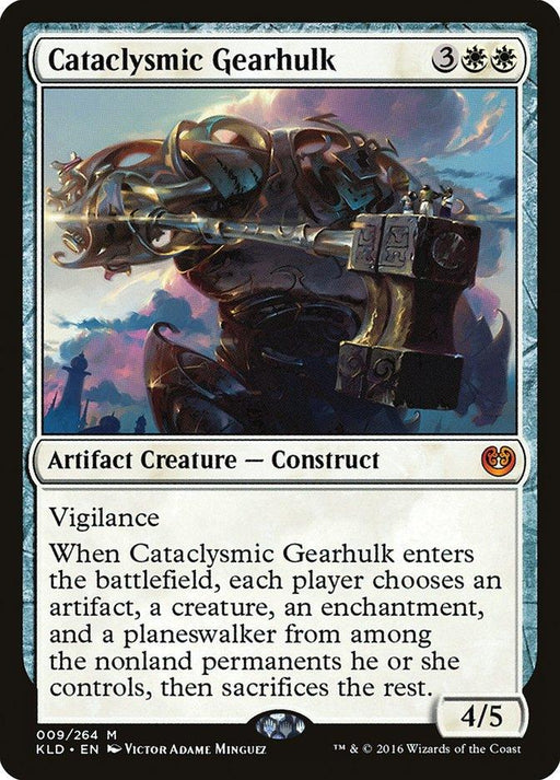 A Magic: The Gathering card titled "Cataclysmic Gearhulk [Kaladesh]." This Artifact Creature construct costs 3 generic and 2 white mana. With 4 power and 5 toughness, it has vigilance and forces players to choose and sacrifice certain permanents. Art by Victor Adame Minguez.