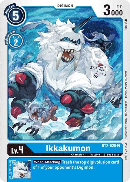 A Digimon card depicting Ikkakumon, a Champion-level sea beast. This Official Tournament Pack Vol.3 [Release Special Booster Promos] card features Ikkakumon [BT2-025], a fierce, white walrus-like creature with red claws, a large horn, and sharp teeth emerging from icy waters. The card details include a play cost of 5, DP of 3000, and special ability text.