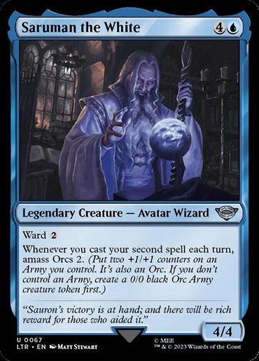 A "Magic: The Gathering" card titled “Saruman the White [The Lord of the Rings: Tales of Middle-Earth]” features an illustration of an aged wizard with a long white beard casting a spell, hand poised over a glowing orb. This blue 4/4 legendary creature from Middle-Earth has Ward 2 and abilities involving orcs, evoking The Lord of the Rings.