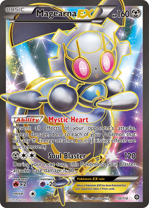 A Pokémon Magearna EX (110/114) [XY: Steam Siege] trading card from Pokémon with 160 HP. Magearna is depicted as a metallic, circular robot with pink eyes and gold accents, floating against a sparkling, starry background. This Ultra Rare card showcases its abilities: Mystic Heart, preventing effects of your opponent's attacks, and Soul Blaster, dealing 120 damage.