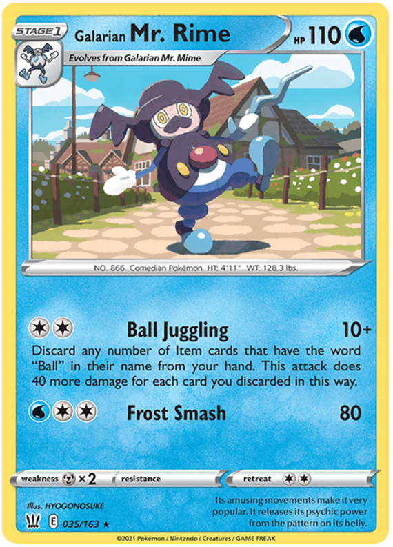 A rare Pokémon trading card features Galarian Mr. Rime (035/163) [Sword & Shield: Battle Styles] from the Pokémon set. It has 110 HP and two attack moves: 