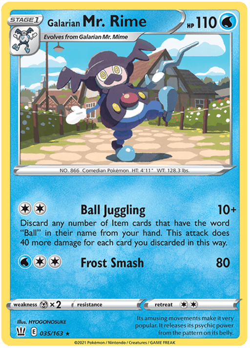 A rare Pokémon trading card features Galarian Mr. Rime (035/163) [Sword & Shield: Battle Styles] from the Pokémon set. It has 110 HP and two attack moves: "Ball Juggling" and "Frost Smash." The card shows an illustration of Mr. Rime, a humanoid figure with a top hat, cane, and a face resembling a mime, standing in a village-like background.