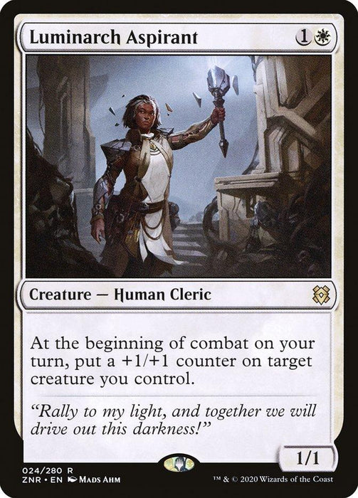 A Magic: The Gathering product named "Luminarch Aspirant [Zendikar Rising]." It costs 1 white and 1 colorless mana, is a Human Cleric creature with a 1/1 power and toughness. The card text says it places a +1/+1 counter on a creature you control at the beginning of combat. The artwork depicts a woman holding a staff aloft in