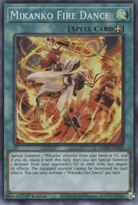 A Yu-Gi-Oh! card titled "Mikanko Fire Dance [AMDE-EN030] Super Rare" is an Equip Spell featuring artwork of a character in traditional attire gracefully twirling amidst flames. The text includes details about the card's effects, allowing the Special Summon of "Mikanko" monsters from the hand or GY.