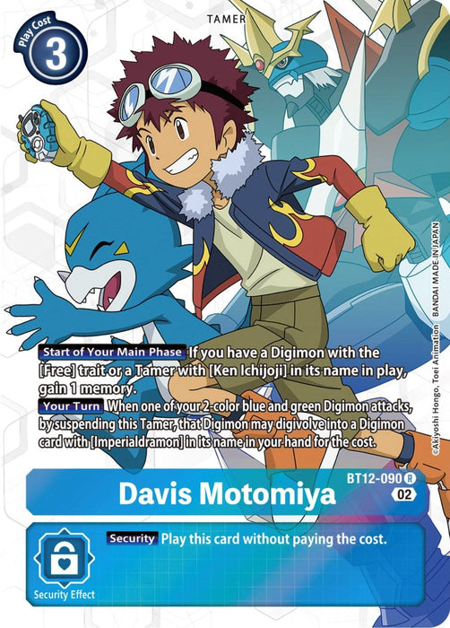 A Digimon trading card featuring Davis Motomiya [BT12-090] (Alternate Art) [Across Time]. Davis has spiky brown hair, goggles, and a blue jacket. He is accompanied by Veemon, a blue Digimon with a yellow V on its forehead. The card describes Davis's abilities and includes game mechanics text at the bottom.