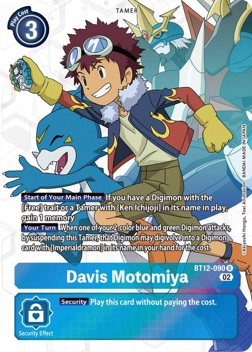 A Digimon trading card featuring Davis Motomiya [BT12-090] (Alternate Art) [Across Time]. Davis has spiky brown hair, goggles, and a blue jacket. He is accompanied by Veemon, a blue Digimon with a yellow V on its forehead. The card describes Davis's abilities and includes game mechanics text at the bottom.