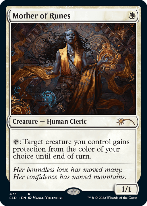 A "Magic: The Gathering" card titled "Mother of Runes (473) [Secret Lair Drop Series]." Artwork depicts an ethereal female figure with glowing blue runes on her skin, standing in front of a detailed, mystical background. This white Creature — Human Cleric has stats of 1/1 and grants protection from the color of your choice to a chosen creature.