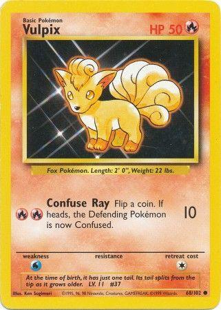 A Pokémon trading card for Vulpix, a Fox Pokémon. The Vulpix (68/102) [Base Set Unlimited] card from Pokémon features an illustration of Vulpix, indicating it’s a Fire Type with 50 HP and the move Confuse Ray. It includes Vulpix's height, weight, and evolves from Vulpix/Lv.11. The yellow background has a red gradient border, coded 68/102.