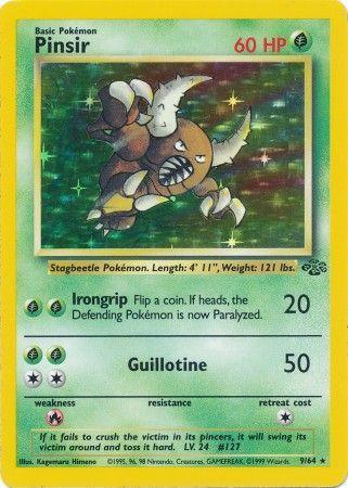 A trading card featuring Pinsir, a Basic Pokémon with 60 HP. Pinsir is depicted holding a coin. The card's attacks include Irongrip and Guillotine. Weakness is listed, but no resistance. This Holo Rare, yellow-bordered card from Jungle Unlimited has the illustrator's name and copyright details at the bottom. This specific product is Pinsir (9/64) [Jungle Unlimited] from Pokémon.