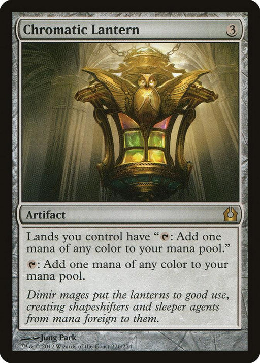 A Magic: The Gathering card titled "Chromatic Lantern [Return to Ravnica]," featured in the Return to Ravnica set. This rare artifact has a casting cost of 3 colorless mana and allows lands to produce any color of mana. The card showcases an ornate, glowing lantern with colorful glass panels and a golden, winged design at the top.