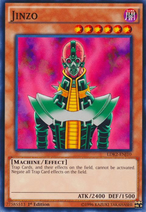 Yu-Gi-Oh! trading card featuring Jinzo [LDK2-ENJ10] Common from the Legendary Decks II collection. The card has a red and pink background with Jinzo, a robotic character with a green face, tall white collar, and orange body armor. This powerful Effect Monster boasts 2400 ATK and 1500 DEF, negating and preventing the activation of Trap Cards.