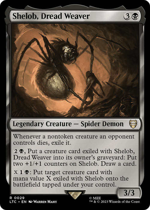 An image of the Magic: The Gathering card "Shelob, Dread Weaver [The Lord of the Rings: Tales of Middle-Earth Commander]," a Legendary Creature from The Lord of the Rings. It depicts a Spider Demon in a dark cave, poised menacingly. The card text details its abilities, including exiling opponent creatures and putting counters on Shelob. The card has 3/3 power and toughness.